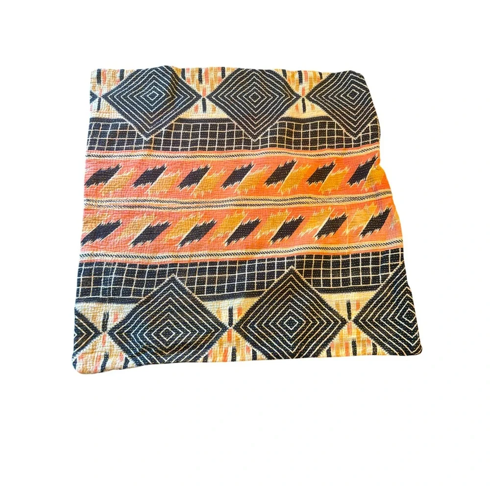 Pillow Cover Orange Black Kantha Stitch Geometric Tribal Boho Sham 23 x‎ 23 in